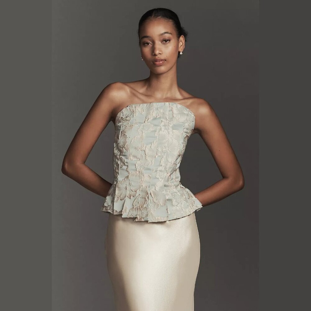 NEW Porridge - Size L Women's Strapless Pleated Peplum Top - Blue Pattern